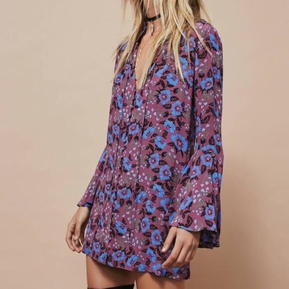Free People Magic Mystery Print Tunic Dress Floral Boho Dress bell sleeves small - Picture 6 of 10